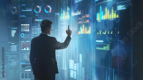 A man is pointing at a computer screen with a lot of graphs and numbers. Concept of a busy work environment where people are analyzing data