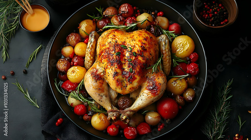 A roasted chicken surrounde...