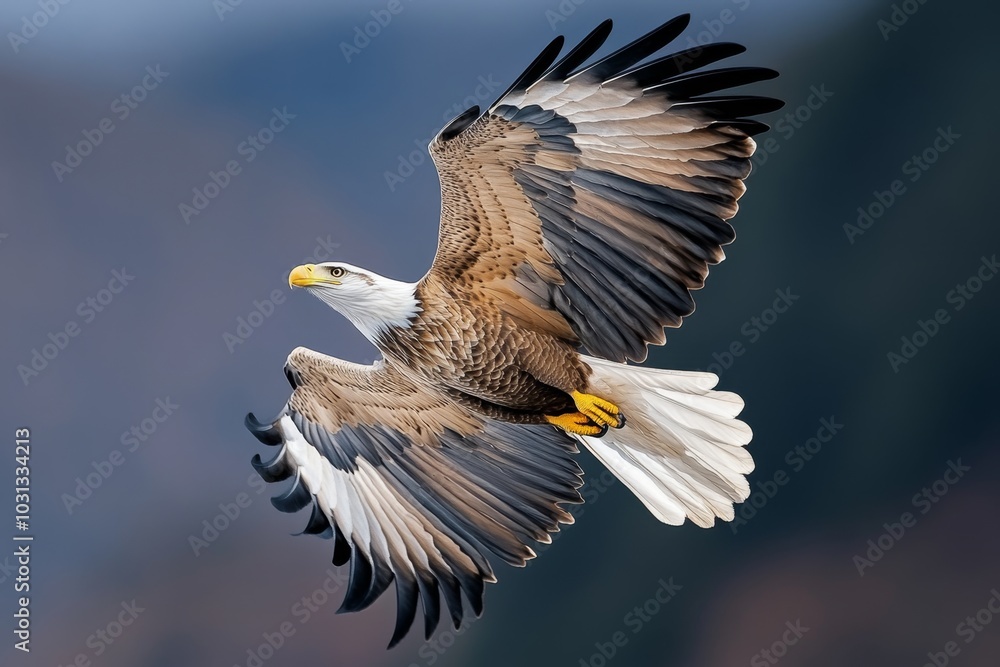 Obraz premium Eagle soaring above misty cliffs, wings spread wide under the morning sky
