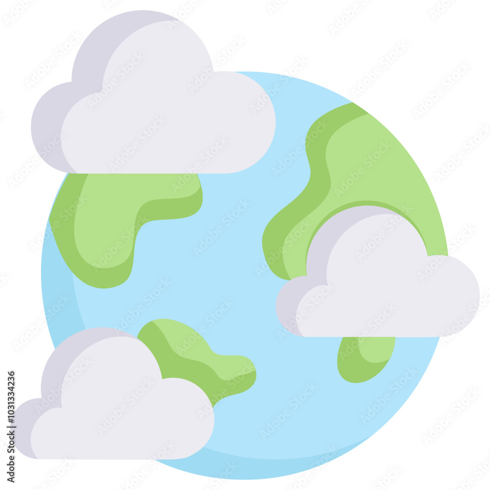 Obraz premium A simple, cartoon-style illustration of the Earth with green landmasses and blue water, with a cloud above it.