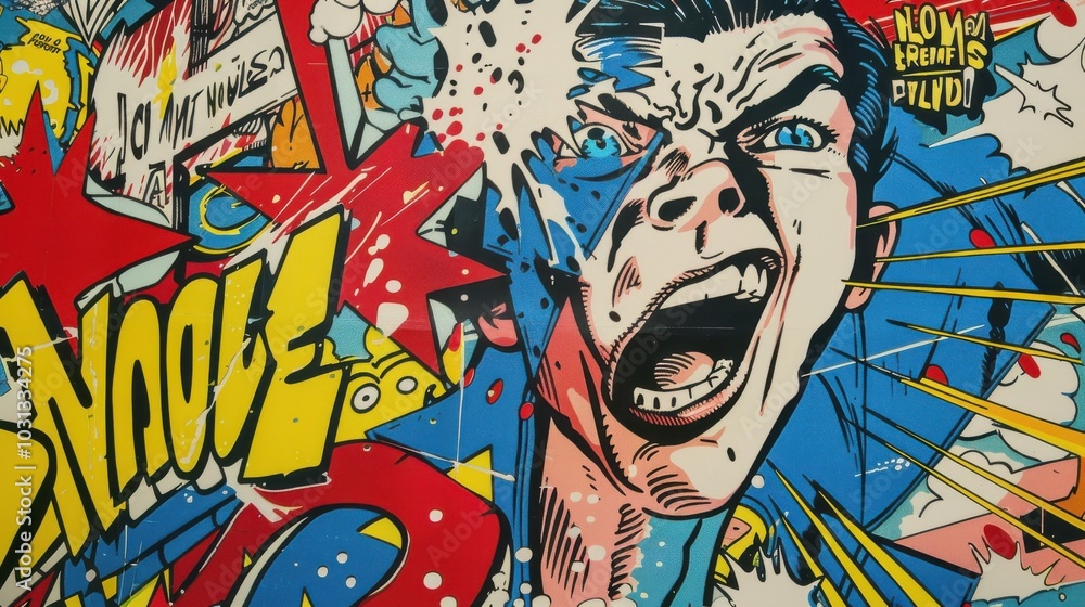 Obraz premium A vibrant pop art wallpaper featuring a striking comic-style character shouting with dynamic colors and patterns