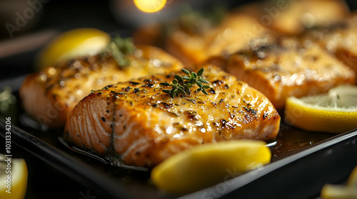 Grilled salmon fillets garn...
