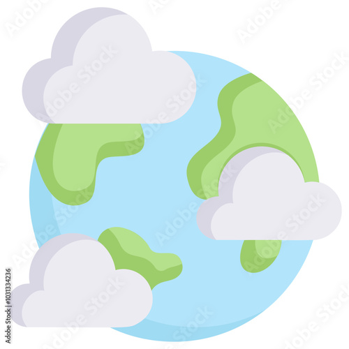 A simple, cartoon-style illustration of the Earth with green landmasses and blue water, with a cloud above it.