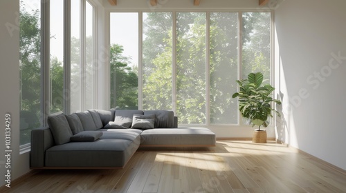 A living room with a couch and a potted plant. The room is bright and airy, with sunlight streaming in through the windows. The couch is positioned in the corner of the room