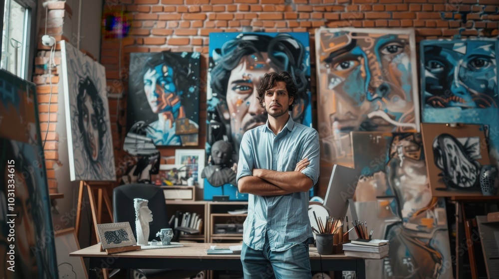 Obraz premium Office worker showcasing artistic individuality in a creative workspace filled with vibrant portraits during the afternoon
