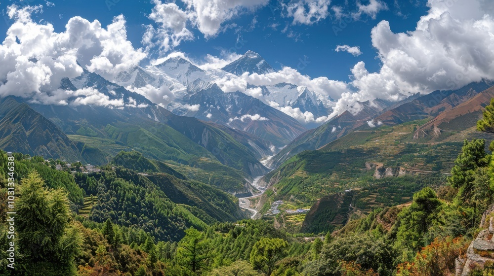Expansive view of Khumbu Valley revealing towering peaks and lush greenery on a clear day in the Himalayas Expansive view of Khumbu Valley revealing towering peaks and lush greenery on a clear day in the Himalayas