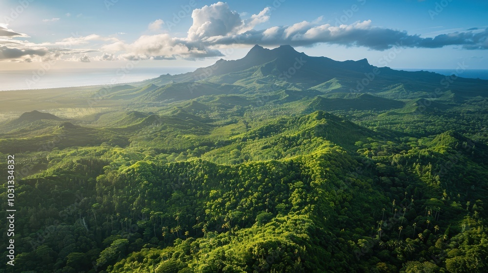 Fototapeta premium Aerial view of volcanic peaks towering above verdant tropical forests in Tahiti with the ocean glimmering in the distance