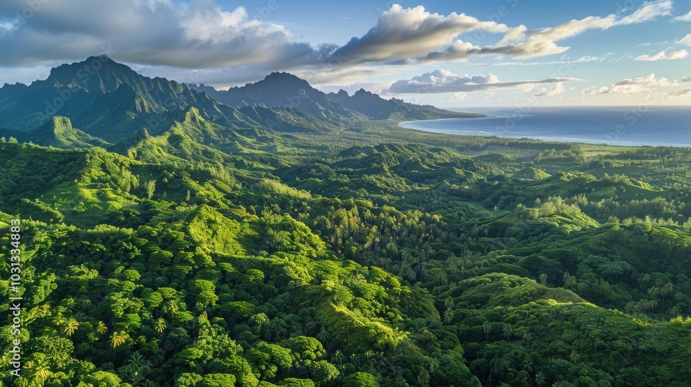 Obraz premium Aerial view of volcanic peaks and lush forests in Tahiti with the ocean visible in the background