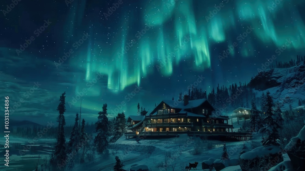A beautiful night sky with a house in the background. The house is surrounded by trees and the sky is filled with auroras A beautiful night sky with a house in the background. The house is surrounded by trees and the sky is filled with auroras