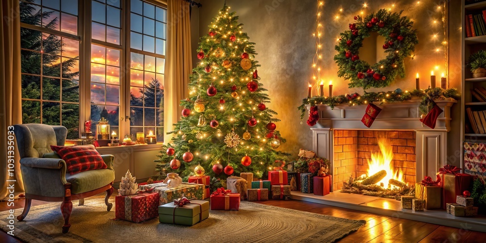 Cozy Living Room with Beautifully Decorated Christmas Tree and Holiday Decor for Festive Product Photography Cozy Living Room with Beautifully Decorated Christmas Tree and Holiday Decor for Festive Product Photography