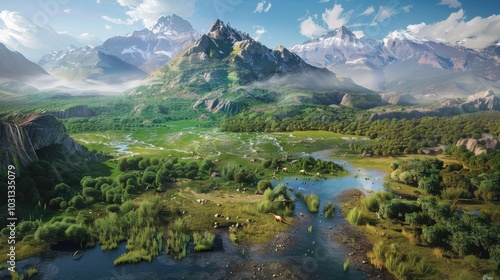 Fototapeta Naklejka Na Ścianę i Meble -  Aerial view capturing a vibrant dinosaur ecosystem in Patagonia with diverse herbivores and apex predators among dense forests and waterways