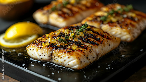 Grilled fish fillets garnis...