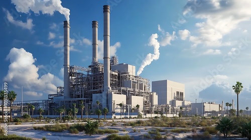 A large industrial power plant with tall smoke stacks emits smoke into the clear blue sky, surrounded by palm trees and desert landscape.