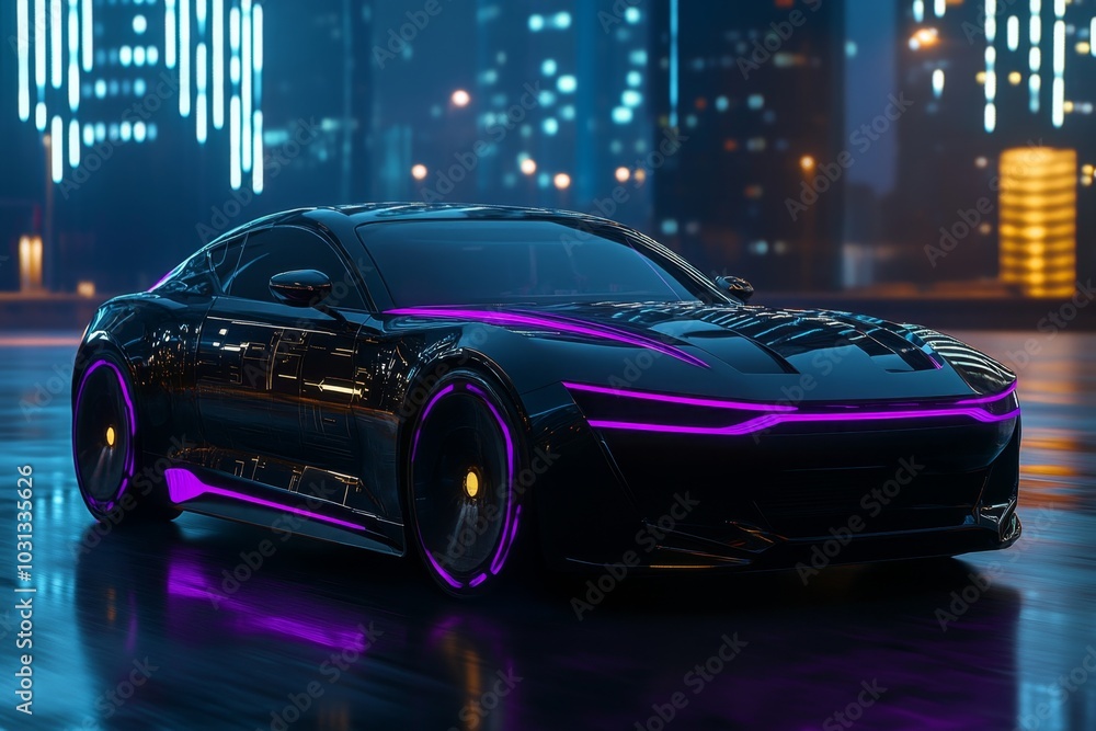 Fototapeta premium Futuristic car with neon purple streaks, speeding through a digital city