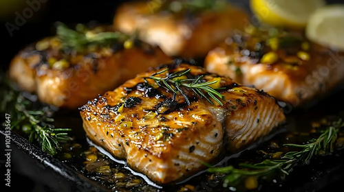 Grilled salmon fillets garn...
