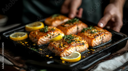 Grilled salmon fillets garn...