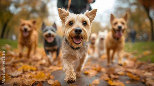 A joyful group of dogs runn...