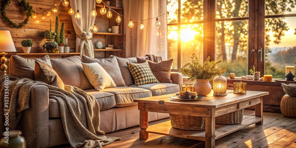 Cozy Rustic Living Room with Elegant Furniture and Warm Sunset Lighting - Bokeh Effect Cozy Rustic Living Room with Elegant Furniture and Warm Sunset Lighting - Bokeh Effect