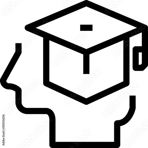 A black and white line drawing of a graduation cap with a profile of a person's face to the left.