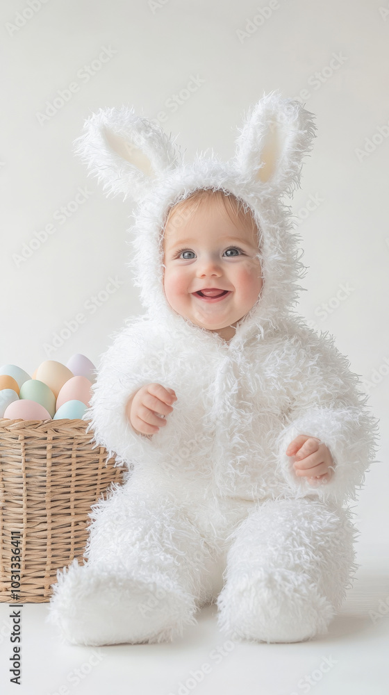 Adorable baby in fluffy bunny costume with pastel easter eggs in basket Adorable baby in fluffy bunny costume with pastel easter eggs in basket