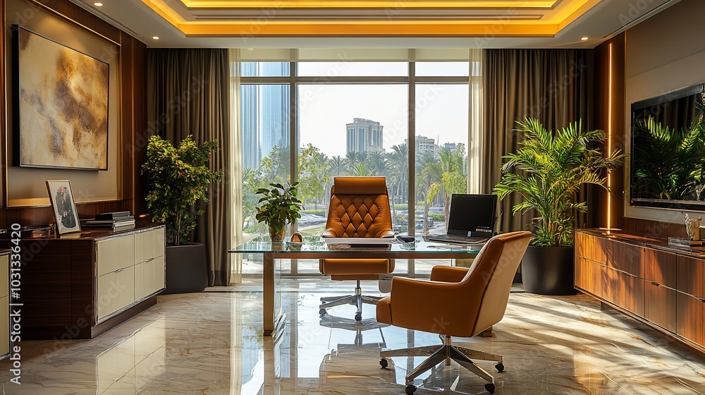 Modern office interior with a large window overlooking a city. Modern office interior with a large window overlooking a city.