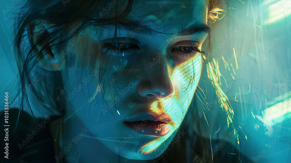Digital Portrait of a Woman with Blue and Green Lighting Digital Portrait of a Woman with Blue and Green Lighting