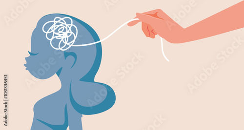 Woman in Psychotherapy Session Vector Cartoon Illustration. Anxious lady under stress helped by a professional therapist  
