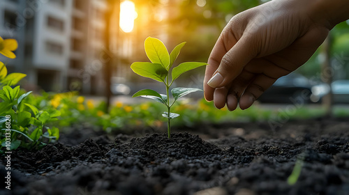 Hand nurturing a young plan...