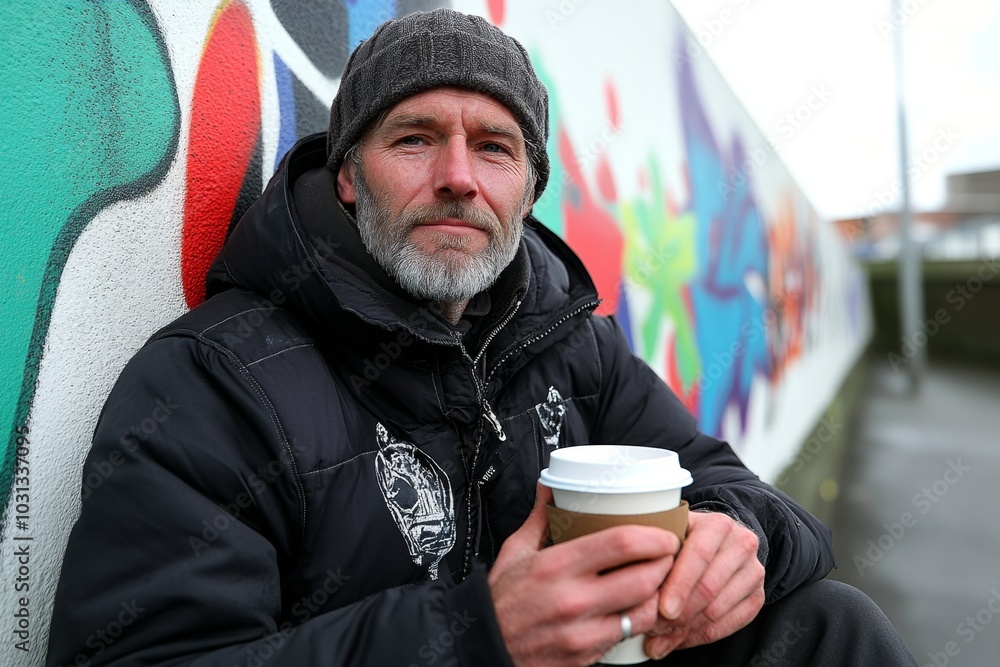 Homeless man sitting by a graffiti-covered wall, clutching a coffee cup Homeless man sitting by a graffiti-covered wall, clutching a coffee cup