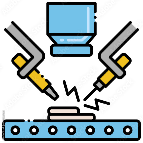 Icon of a blue glass container with two yellow and grey  tubes with a lightning bolt in the middle of the tubes.