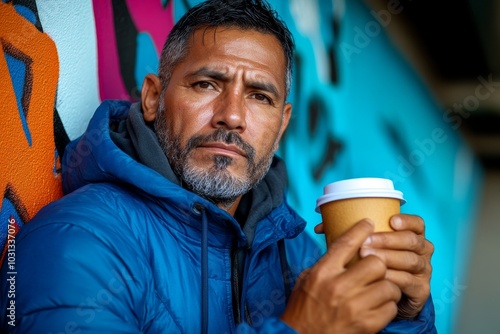 Homeless man sitting by a graffiti-covered wall, clutching a coffee cup photo