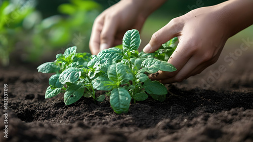 Hands planting a young plan...