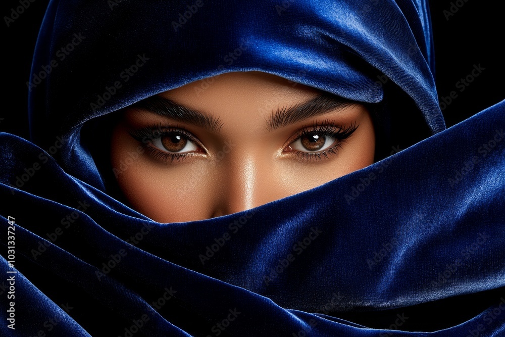 Naklejka premium Hyper-detailed portrait of a woman in a velvet hijab, capturing every fabric fold