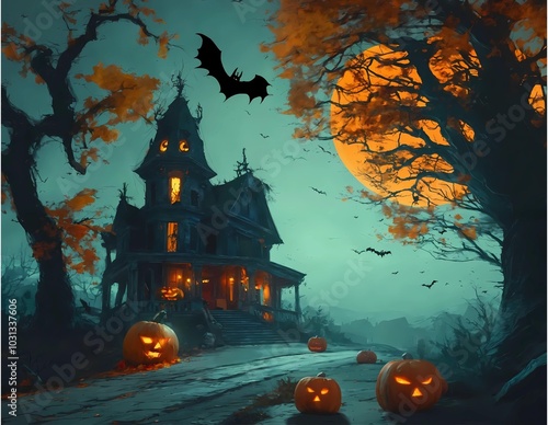 Spooky Halloween night with a haunted house, glowing pumpkins, and a full moon lighting up the eerie landscape