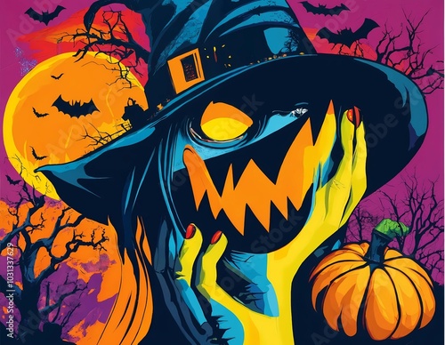 Witch holds a carved pumpkin while bats fly in the purple sky, showcasing Halloween spirit in a spooky atmosphere