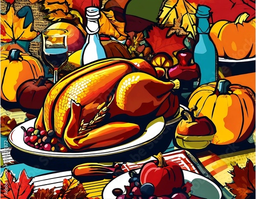 Festive autumn harvest spread featuring a roasted turkey, vibrant pumpkins, and seasonal decorations for a Thanksgiving celebration