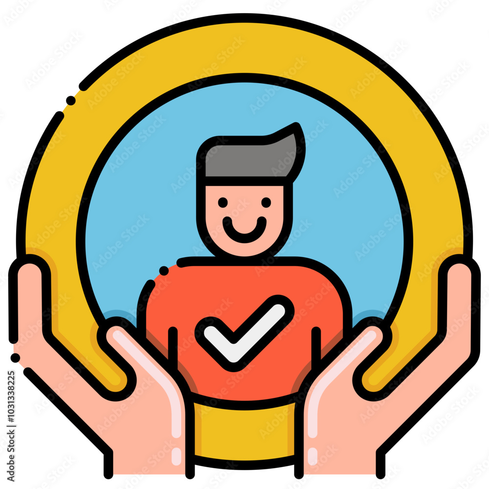 A cartoon man with gray hair and a red shirt smiling inside a yellow and blue circle.