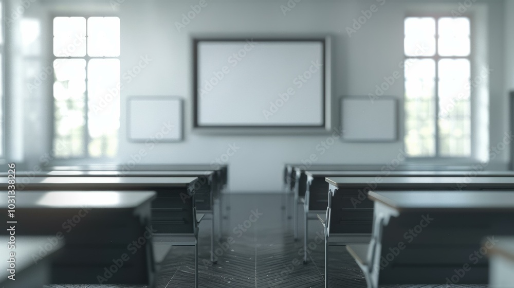 Empty classroom with desks and a whiteboard. AI.