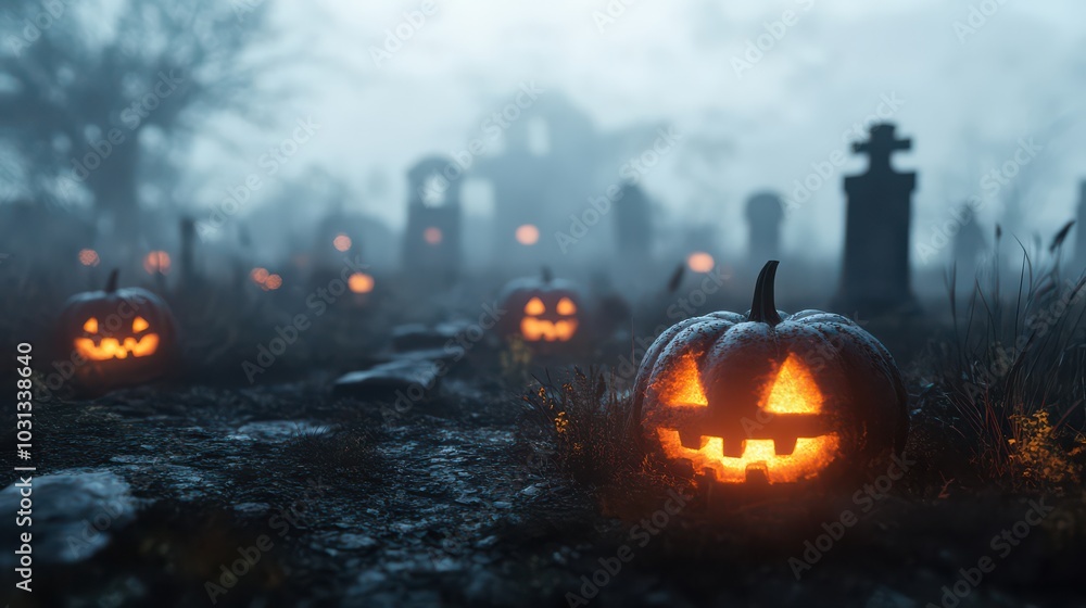 Fototapeta premium Jack-o'-Lantern in a Foggy Graveyard.