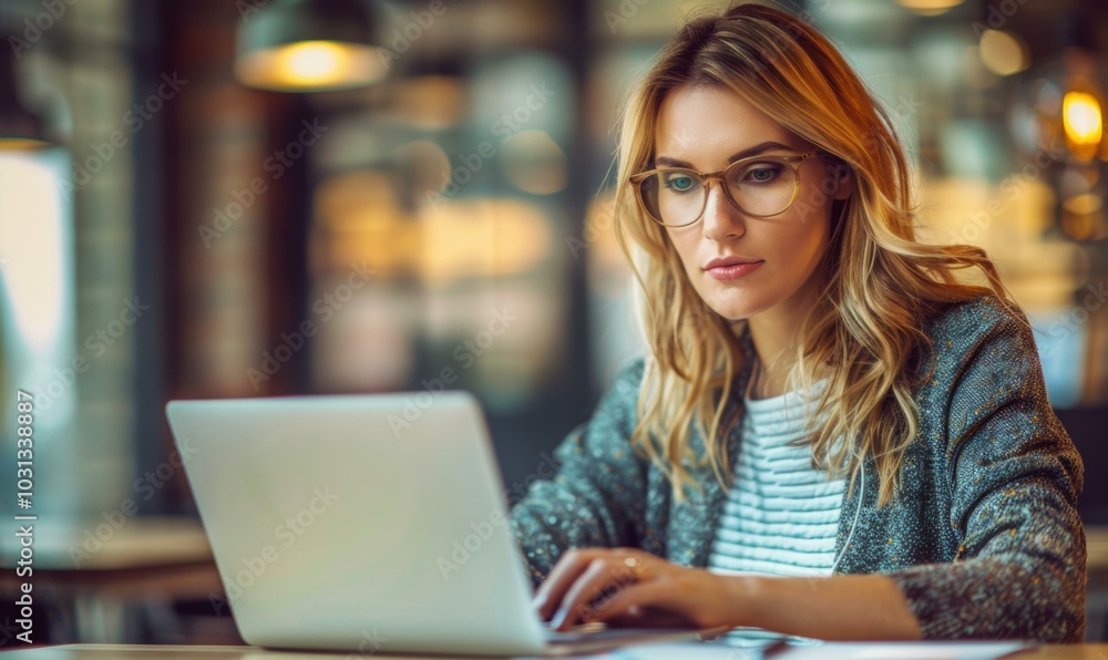 A woman works on her laptop in a cafe. AI. A woman works on her laptop in a cafe. AI.