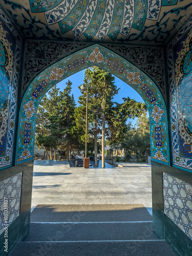 Mausoleum and Holy Place named Pir Mir Movsum Aga, Baku, Mardakan, Azerbaijan.Entire building is covered with Koranic Surahs - text translation - there is no God but Allah most merciful bountiful. photo