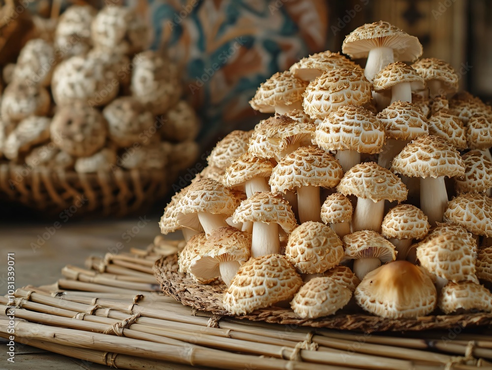 A pile of fresh, golden shiitake mushrooms displayed on a bamboo mat, with intricate Thai patterns in the background. A pile of fresh, golden shiitake mushrooms displayed on a bamboo mat, with intricate Thai patterns in the background.