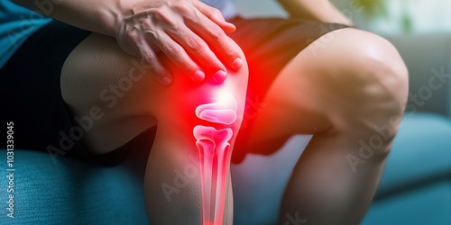 Person holding a painful knee with highlighted joint structure. Ideal for medical, healthcare, or educational resources. Shows pain and anatomy. photo