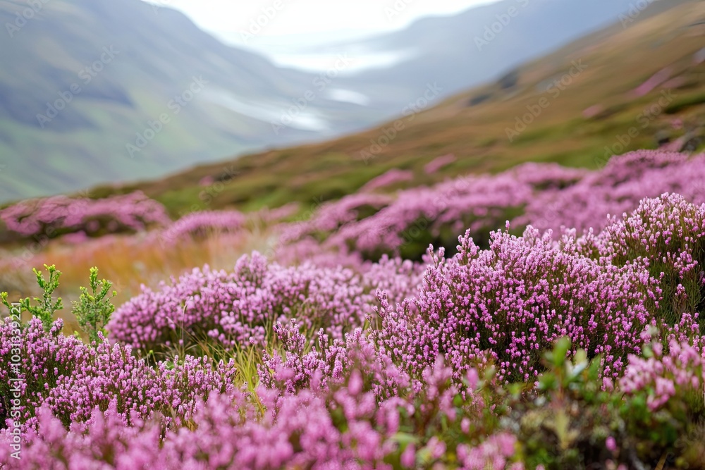 A Field of Pink Heather Blooms in a Mountainous Landscape A Field of Pink Heather Blooms in a Mountainous Landscape