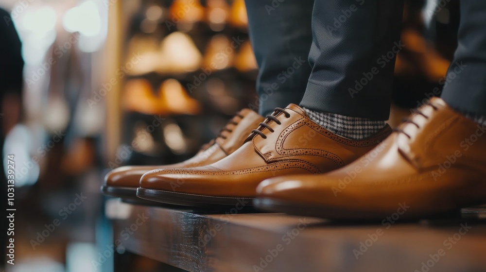 A skilled shoe seller showcases elegant high-end formal shoes on a wooden stand in a retail setting filled with smooth leather and soft shadows A skilled shoe seller showcases elegant high-end formal shoes on a wooden stand in a retail setting filled with smooth leather and soft shadows
