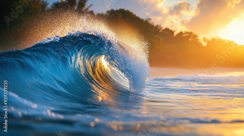 Wallpaper Mural A vibrant wave crashes on the shoreline at sunset, showcasing stunning water texture and dynamic curves illuminated by soft sunlight Torontodigital.ca