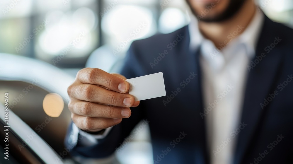 Car salesman offers business card to customer in a clean showroom, showcasing a friendly interaction and professional atmosphere Car salesman offers business card to customer in a clean showroom, showcasing a friendly interaction and professional atmosphere
