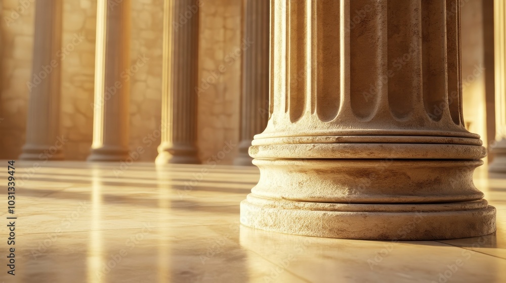A close-up view of a Greek temple column showcasing divine proportion and warm light illuminating its textured stone design A close-up view of a Greek temple column showcasing divine proportion and warm light illuminating its textured stone design