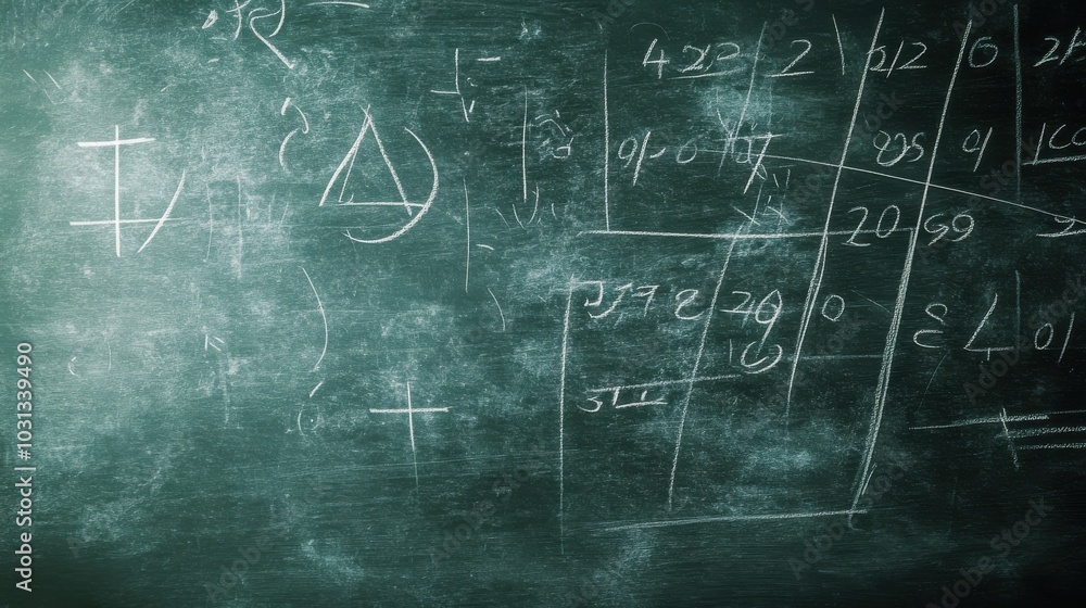 Close-up of a mathematical equation on a blackboard showcasing divine proportion, emphasizing symbols and numbers in a scholarly setting Close-up of a mathematical equation on a blackboard showcasing divine proportion, emphasizing symbols and numbers in a scholarly setting