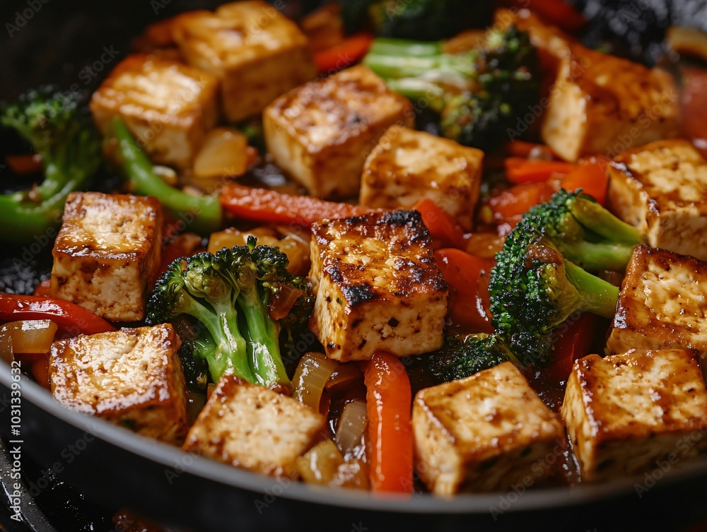 close up of a vegan stir-fry in process with crispy tofu, bright green broccoli, and red bell peppers tossed with soy sauce in a sizzling pan. close up of a vegan stir-fry in process with crispy tofu, bright green broccoli, and red bell peppers tossed with soy sauce in a sizzling pan.